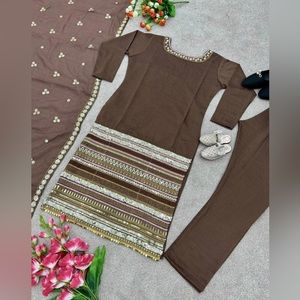 Party Wear Brown Colour Maska Cotton with Embroidery Work Kurti Bottom Dupatta